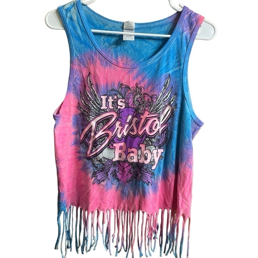 VTG Gildan “It’s Bristol Baby” NASCAR Pink Tie Dye Fringe Tank Top Size Small